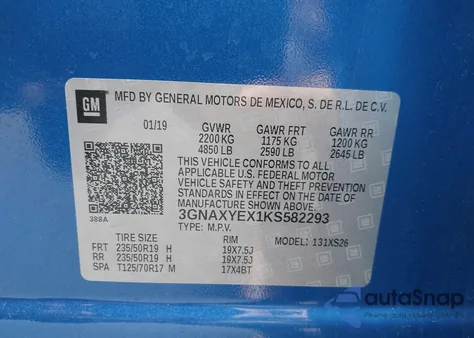 2019 Chevrolet Equinox Premier from USA, damaged, VIN 3GNAXYEX1KS582293